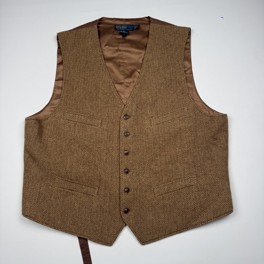 Polo Ralph Lauren Vest Mens XL Brown Herringbone Wool Suit Waistcoat Belted